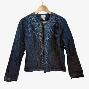Chico's Denim  Bohemian Embroidered Floral Open Front Denim‎ Jacket Womens Small